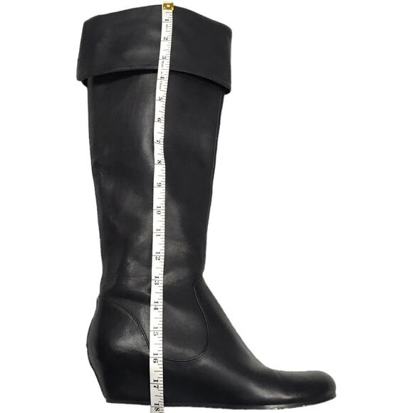 Crown‎ Vintage Lulu Knee-High Boots Black Faux Leather Foldover Wedge Women's 8 - Picture 5 of 12